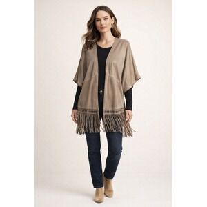 Lola Faux Suede Fringe Kimono Cardigan Taupe Boho Festival Western Glam One Size